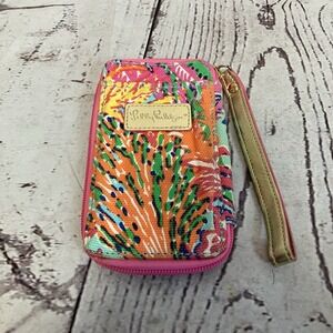 Lilly‎ Pulitzer Wristlet Wallet Blue Green Pink Abstract Zip Around Closure DL
